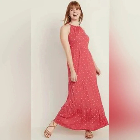 Old Navy Coral Polka Dot Pink Maxi Dress Sleeveless Dress Halter Keyhole Rayon S - Picture 1 of 14